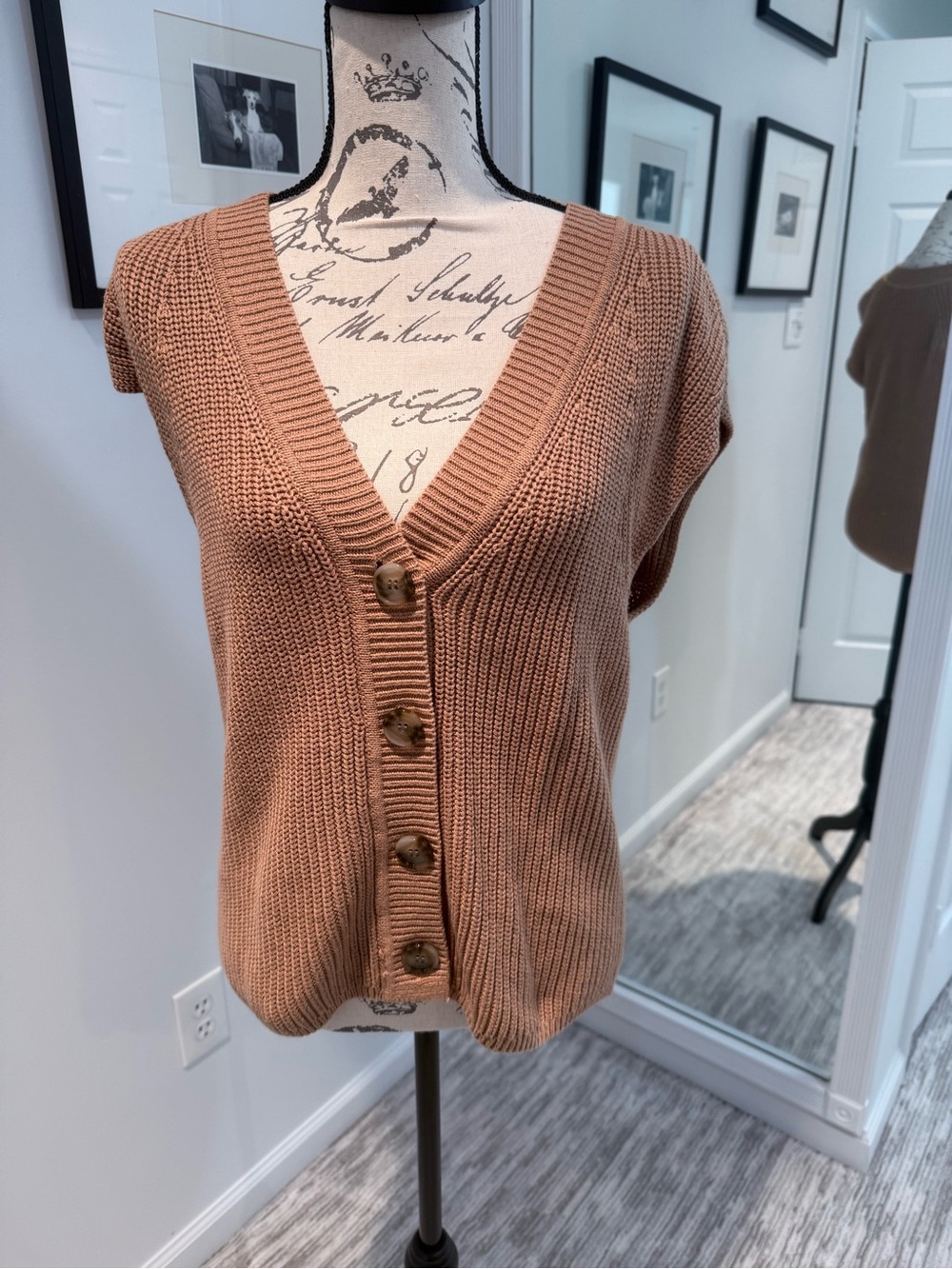 LOFT Camel V-Neck Button Front Knit Sweater Vest